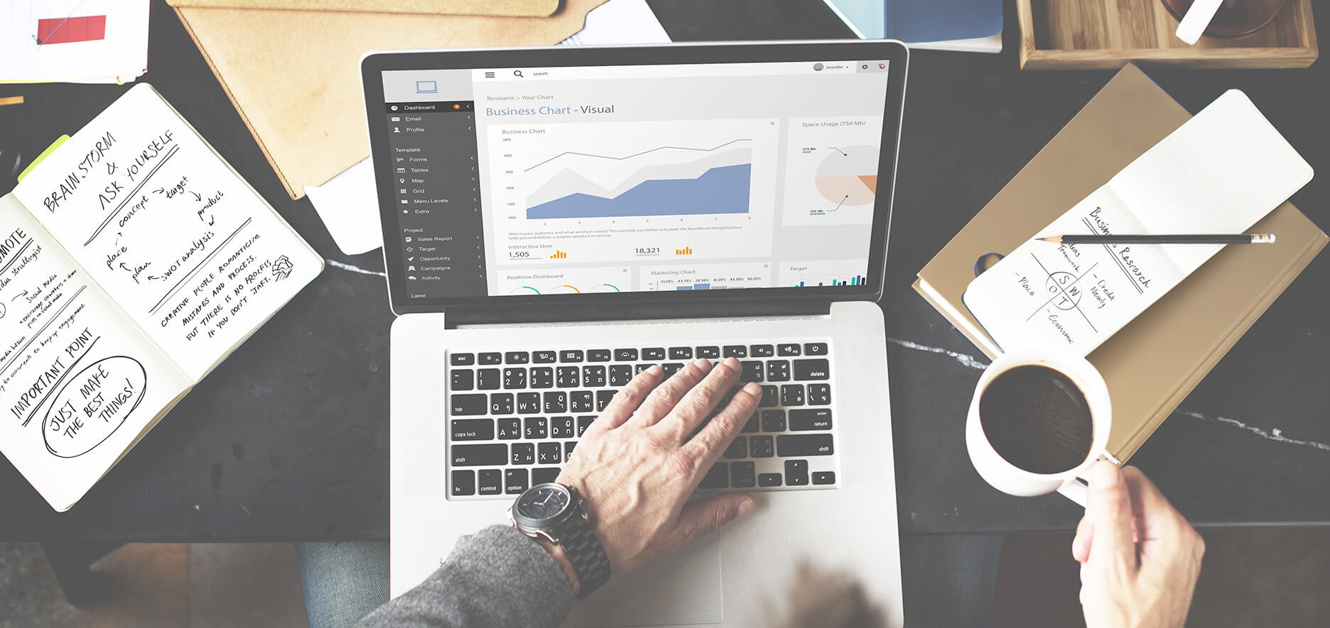 A Person Uses A Laptop Displaying Business Charts. Notebooks, A Tablet, And A Coffee Cup Are On The Desk.