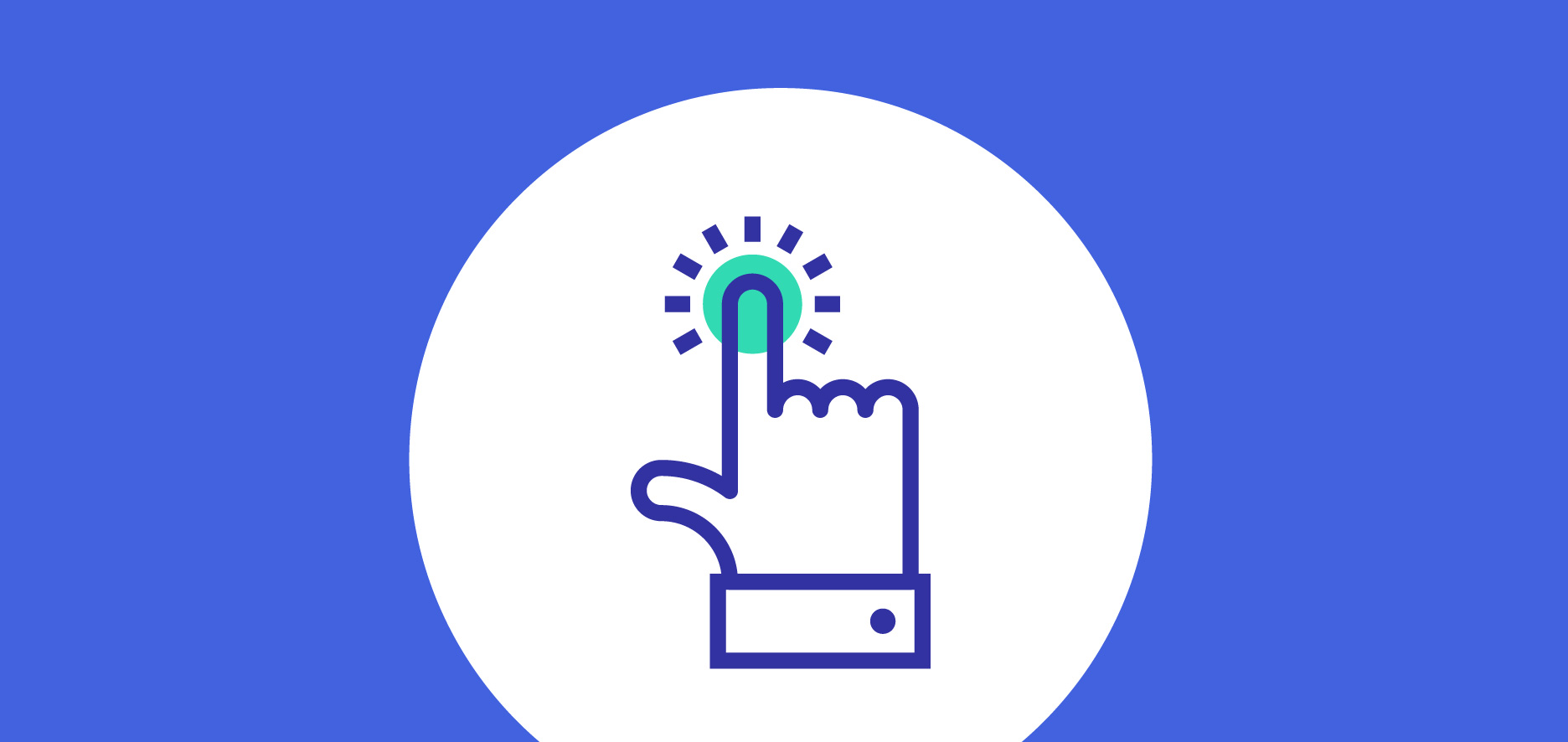 Illustration Of A Hand With An Extended Index Finger Pressing A Glowing Button Inside A White Circle On A Blue Background.