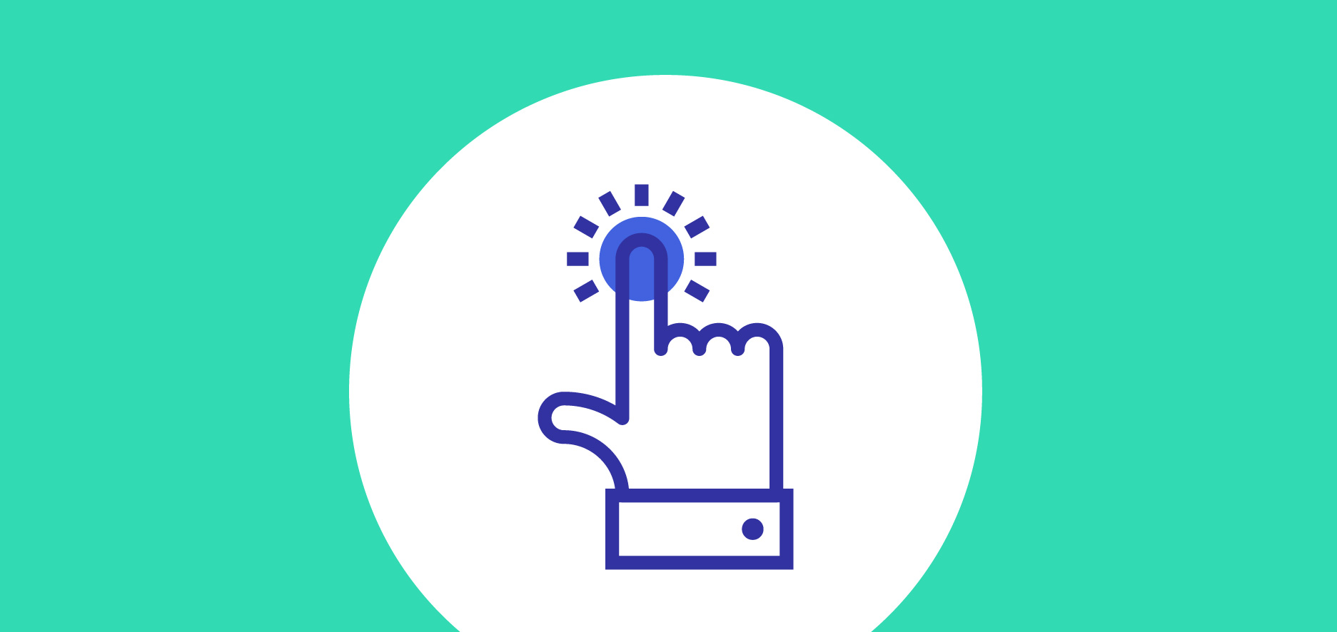 An Illustration Of A Hand Pressing A Button With A Circular Glowing Effect, On A White Background Centered Within A Teal Backdrop.