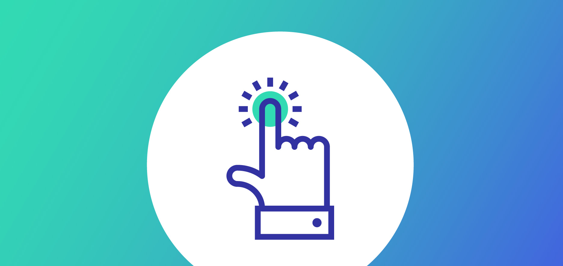 A Hand Icon Is Pressing A Glowing Button In The Center Of A White Circle On A Blue To Green Gradient Background.