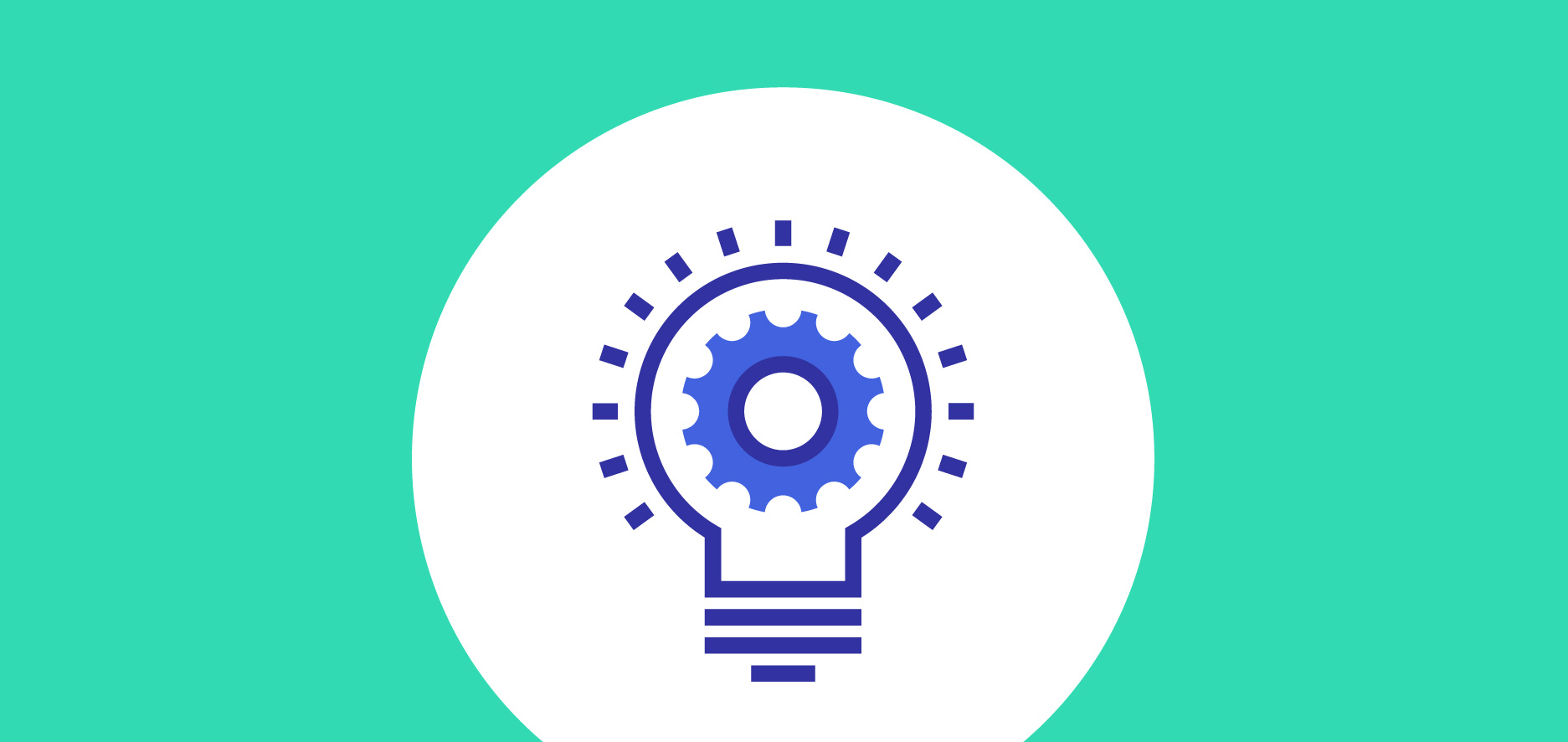 Icon Of A Blue Light Bulb With A Gear Inside, Symbolizing Innovation And Technology, On A White Circular Background With A Teal Border.