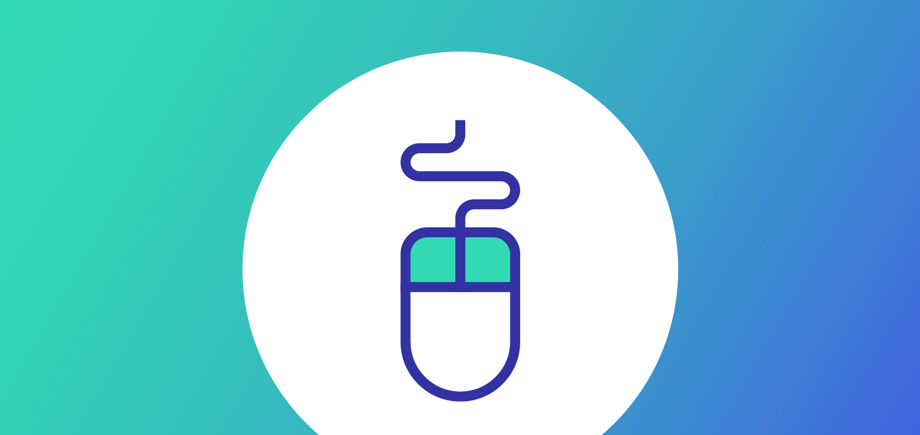 Icon Of A Computer Mouse With A Cable On A White Circle, Set Against A Gradient Background From Teal To Blue.