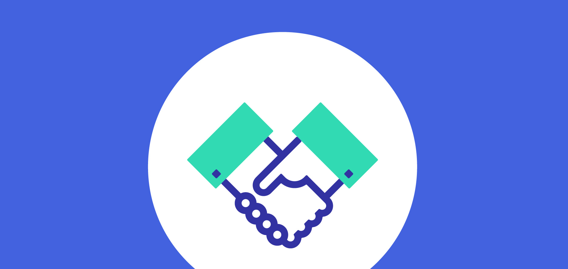 Illustration Of A Handshake Icon Inside A White Circle On A Blue Background.