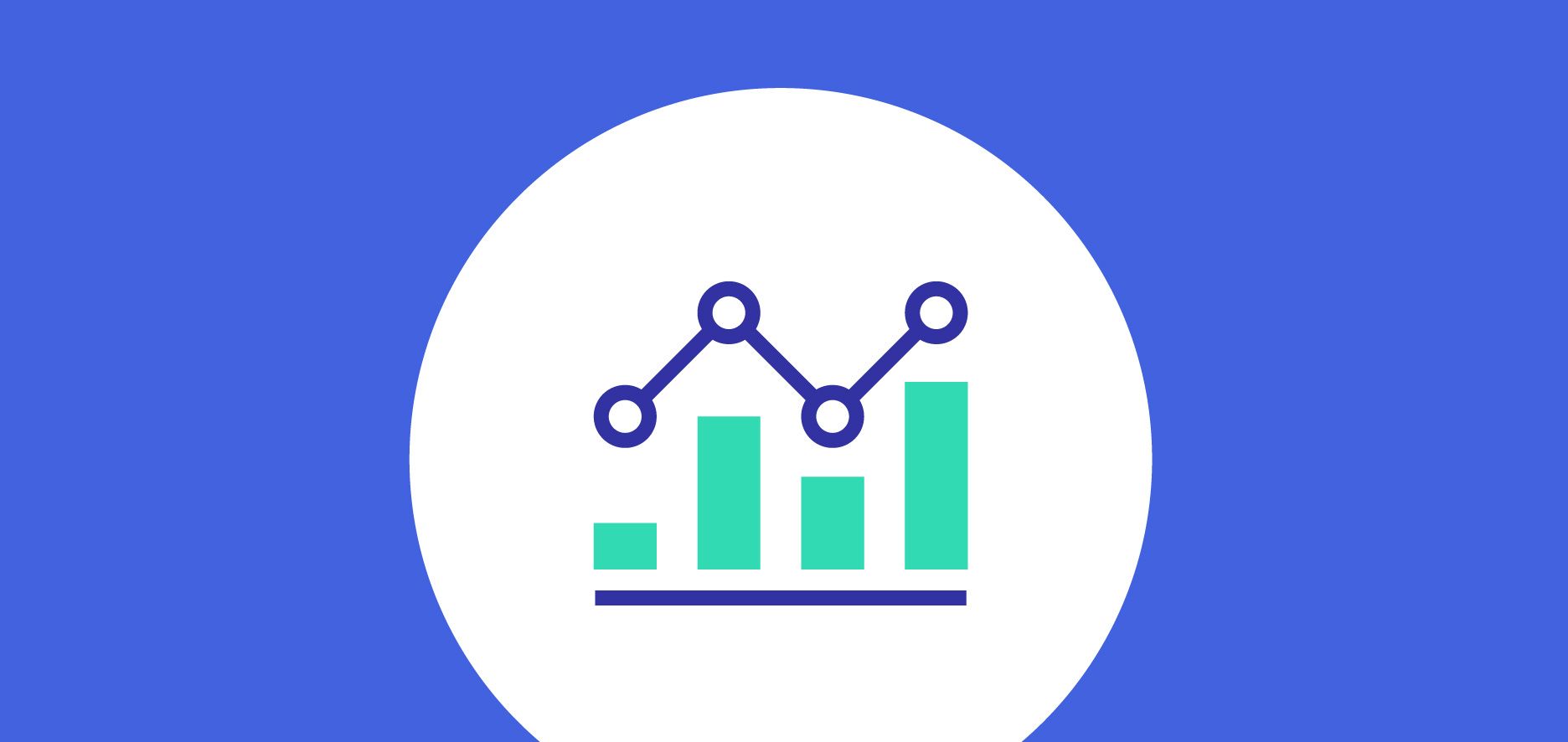 A Bar And Line Graph Icon Is Centered In A White Circle With A Blue Background. The Graph Consists Of Three Teal Bars And A Connected Line With Four Dots.