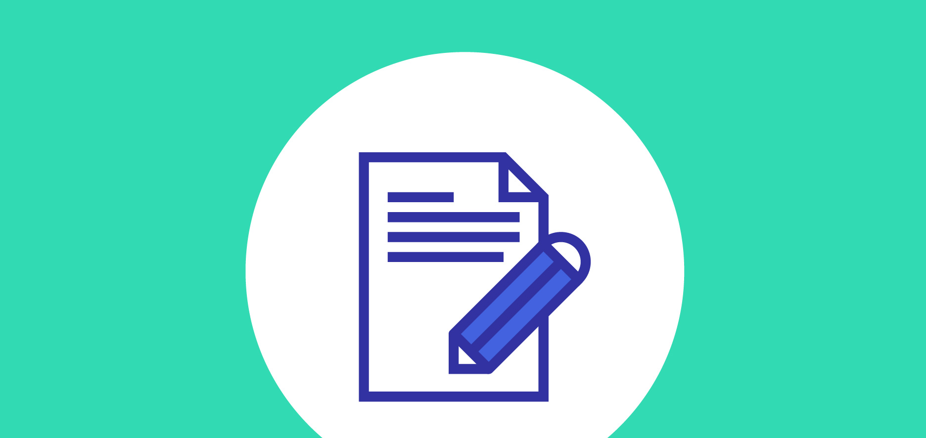 Icon Of A Document With Lines Of Text And A Blue Pencil Overlapping It, Placed Against A White Circular Background With A Teal Border.