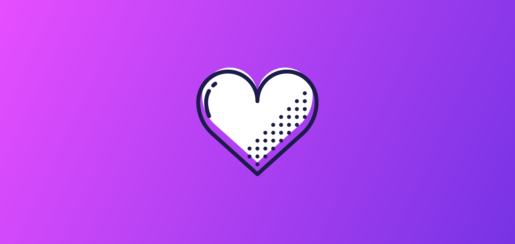 A White Heart Icon With Diagonal Dotted Shading On A Gradient Purple Background.