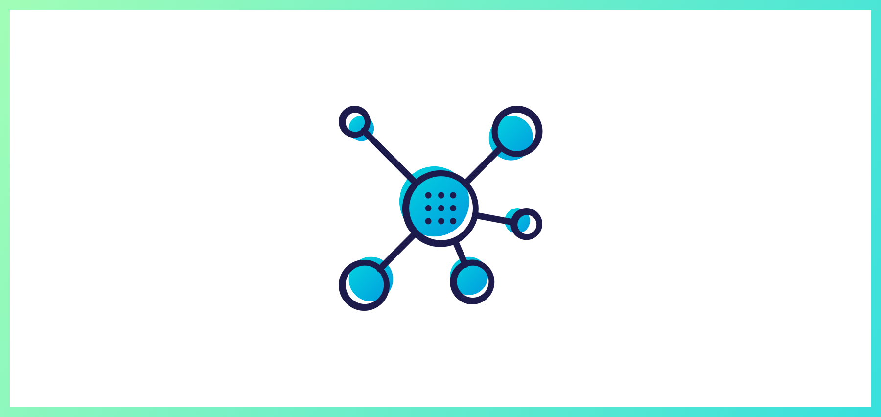 An Abstract Illustration Of A Molecule With One Central Blue Circle Connected To Five Smaller Circles By Lines, Set Against A White Background With A Gradient Border.