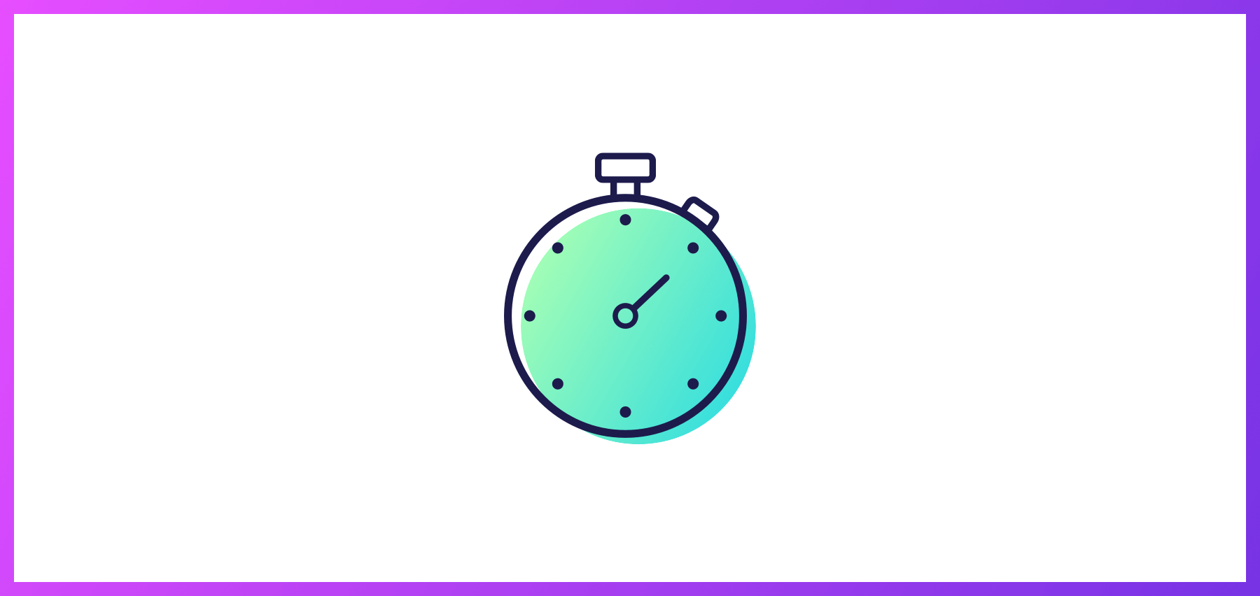 Icon Of A Stopwatch With A Gradient Turquoise And Blue Color In The Center Of A White Background Framed By A Purple Border.