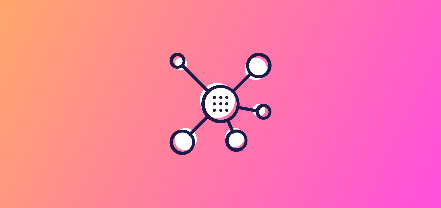 An Abstract Network Diagram On An Orange To Pink Gradient Background, Showing A Central Node Connected To Five Outer Nodes.