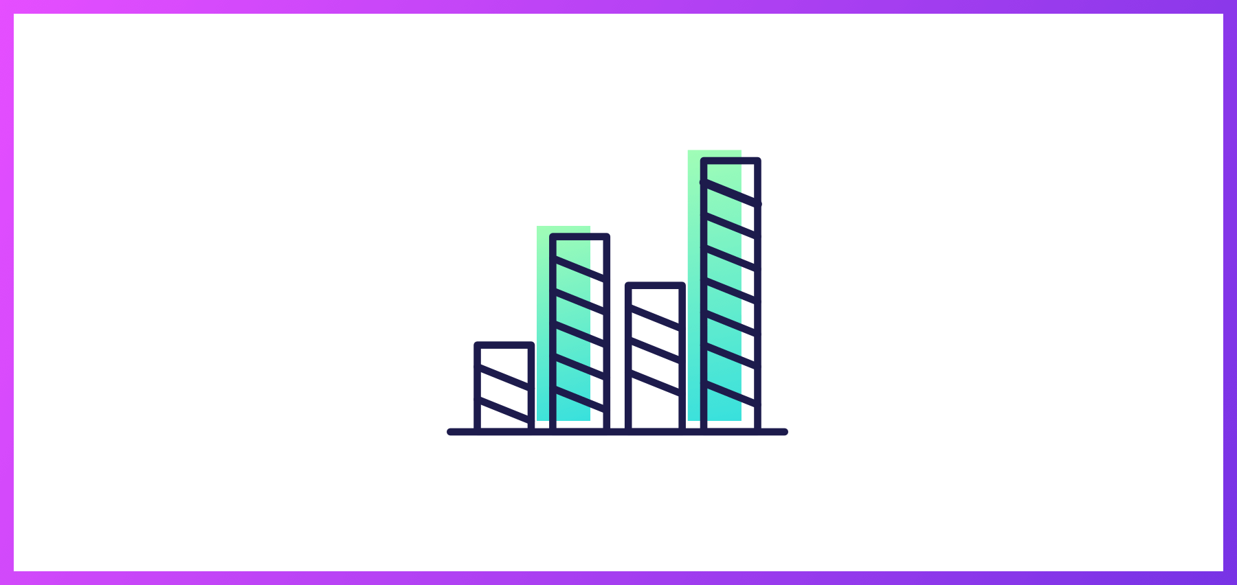 A Bar Chart With Three Vertical Bars Of Varying Heights, Each Bar Filled With Diagonal Stripes And A Green Outline, On A White Background With A Pink And Purple Border.