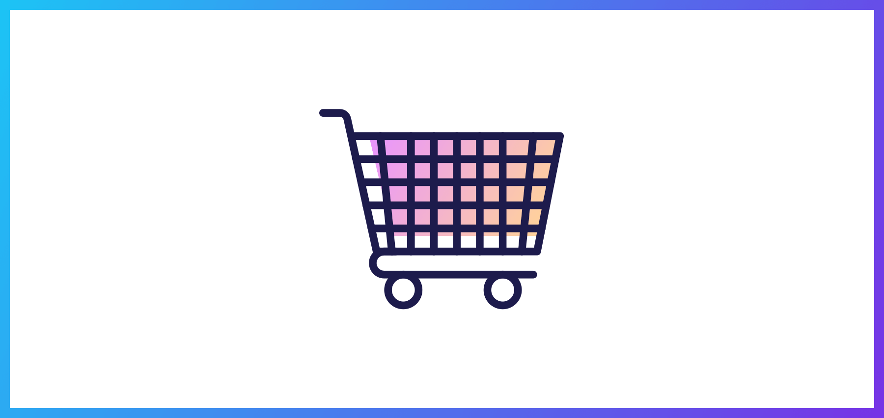 An Icon Of An Empty Shopping Cart With A Gradient Fill Ranging From Pink To Orange, Outlined In Blue On A White Background With A Blue And Purple Border.