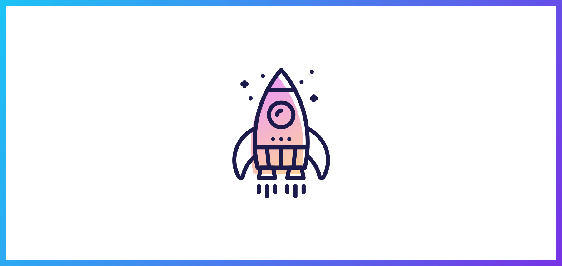 Illustration Of A Pink And Purple Rocket Ship With Blue Accents, Emitting Small Details That Suggest Motion, Against A White Background With A Blue And Purple Gradient Border.