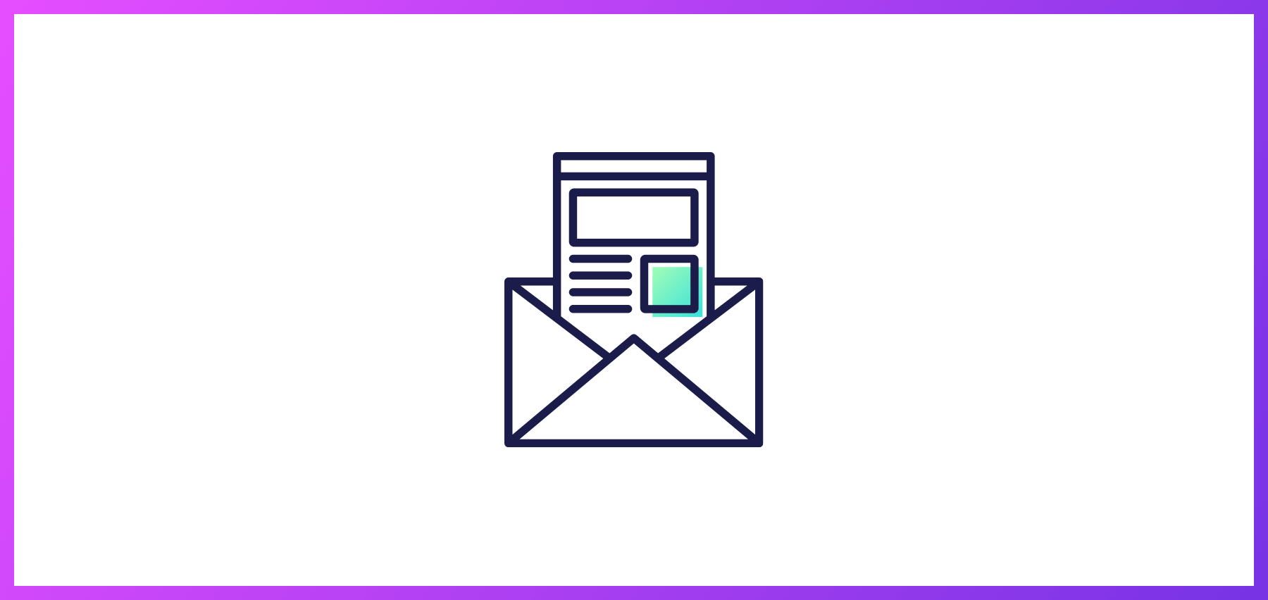 Icon Of An Open Envelope With A Paper That Has Text And An Image Inside, Surrounded By A Purple Gradient Border.