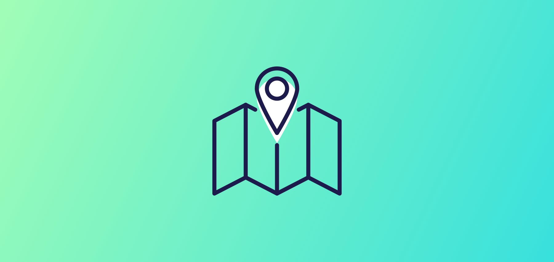 Outlined Map Icon With A Location Pin On A Gradient Green And Blue Background.