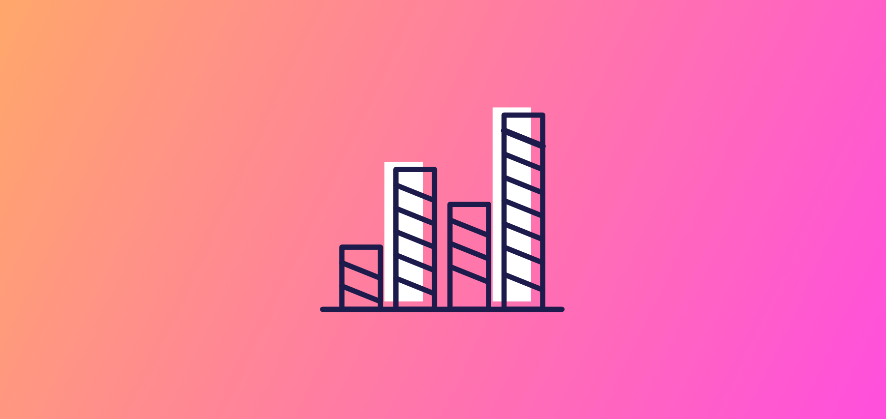 Illustration Of A Bar Chart With Four Vertical Bars Of Varying Heights On A Gradient Background From Orange To Pink. Each Bar Has Diagonal Stripes.