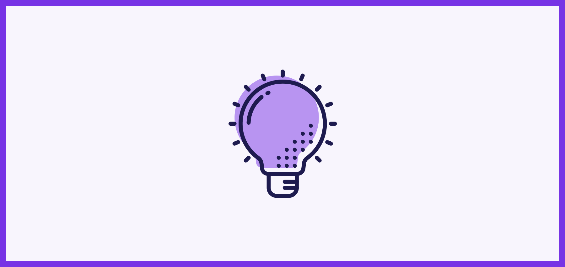 A Simple, Stylized Purple Light Bulb Icon With Dotted Shading And Small Lines Indicating Illumination, Set Against A Light Gray Background With A Purple Border.