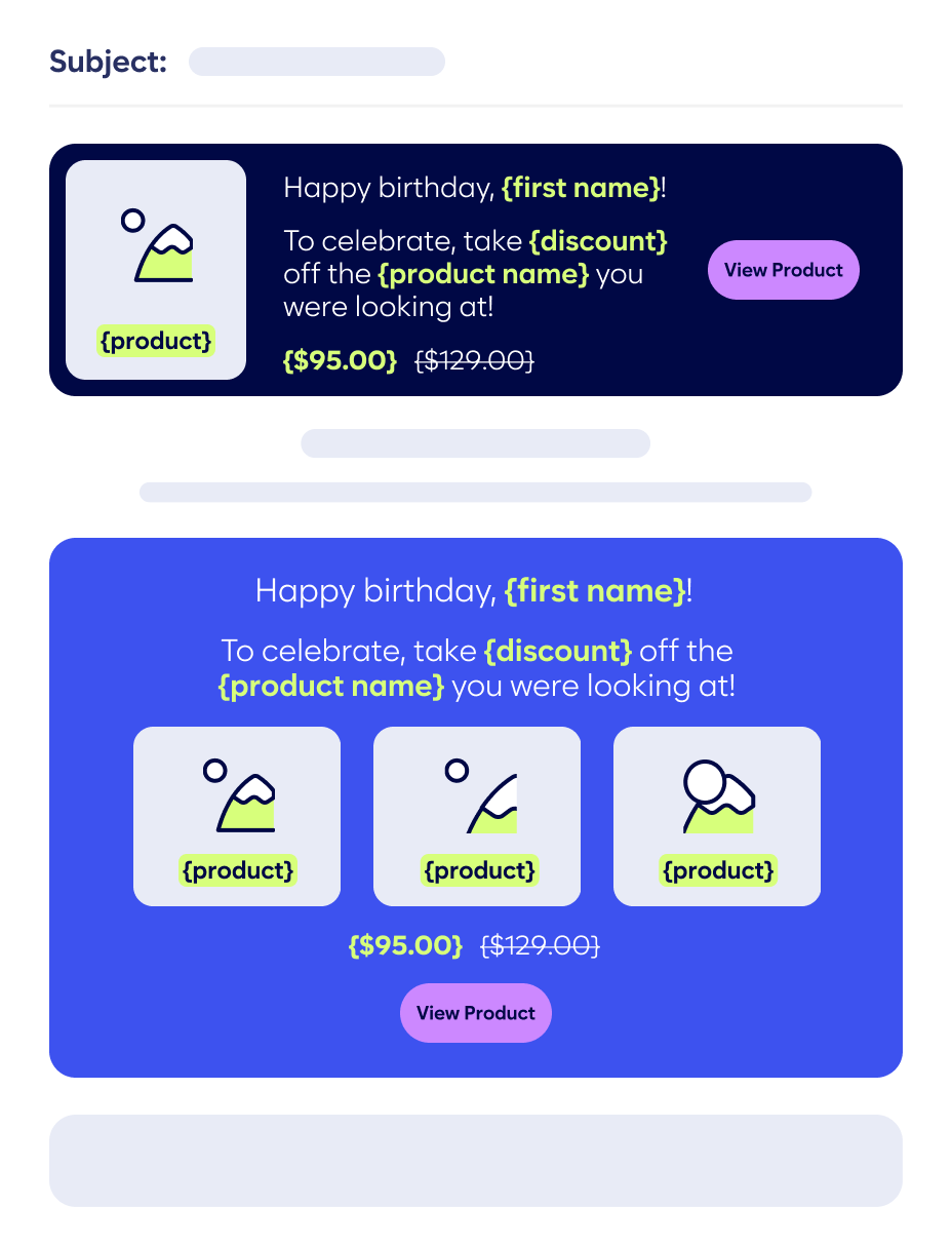 Email Template With A Birthday Promotion. Top Section: Single Product Offer With Discount And Original Price. Bottom Section: Multiple Product Offers With Discounts And Original Prices. &Quot;View Product&Quot; Buttons Provided.