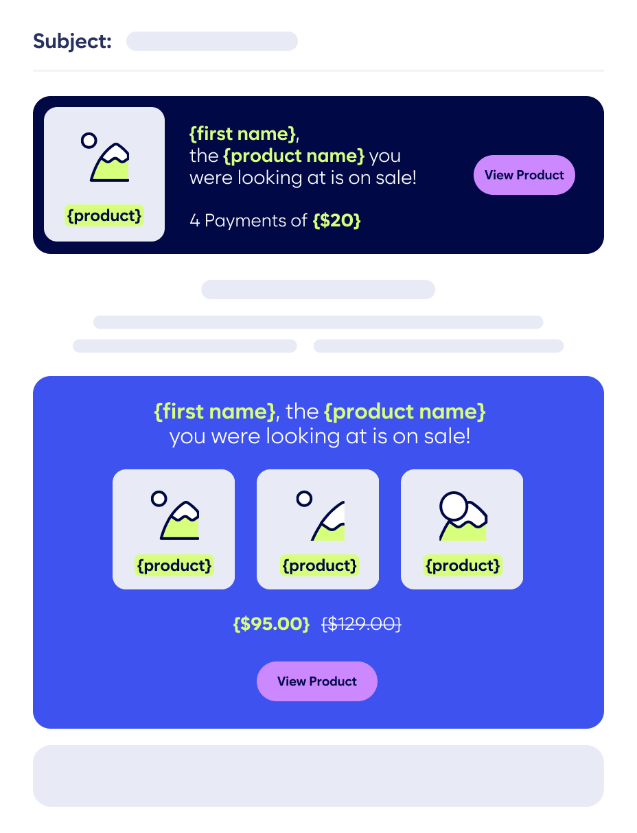 Email Template Showing A Sale Notification For A Product With The Option To View The Product. Sections Include Product Images, Pricing Information, And A &Quot;View Product&Quot; Button.