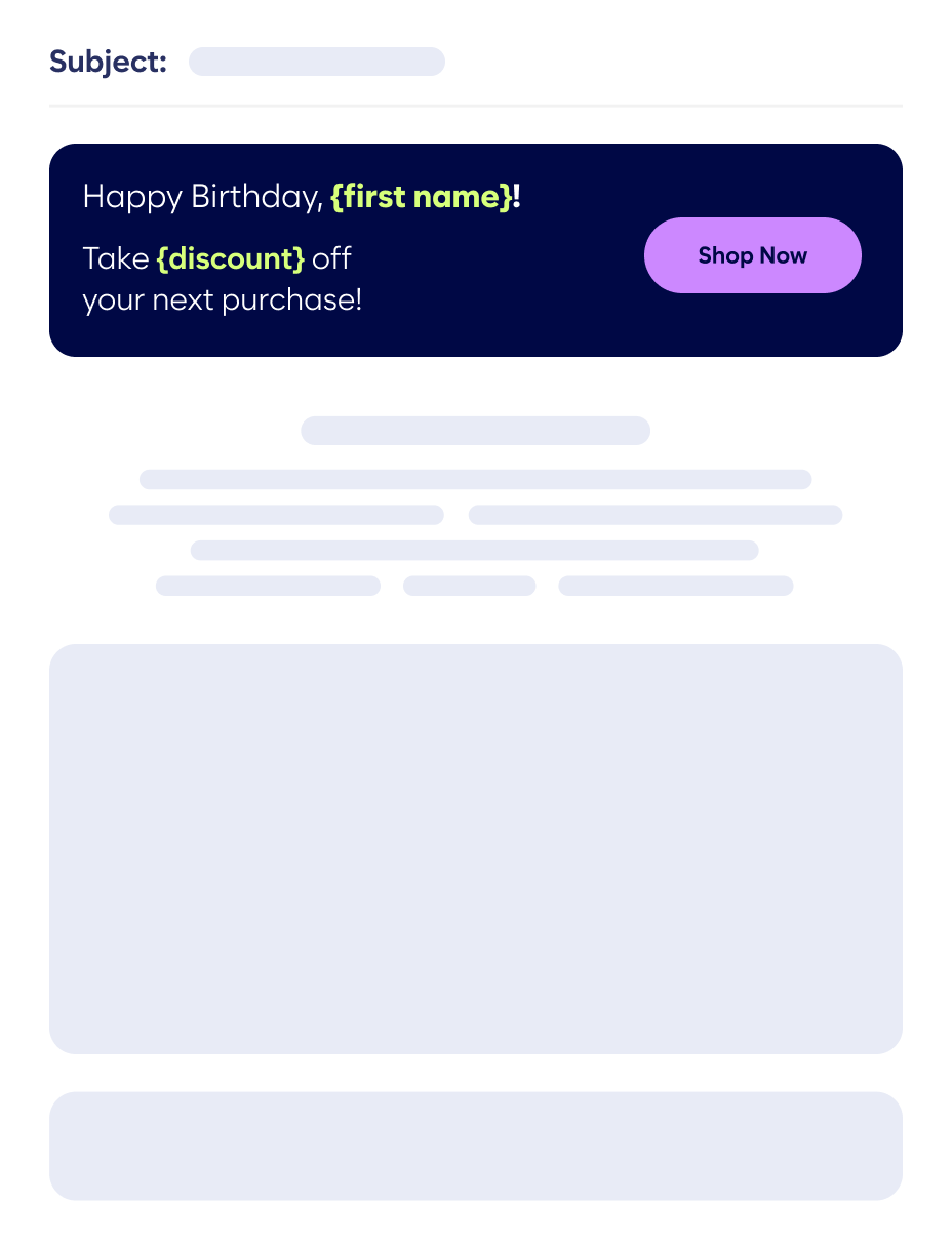 Email Template With A Subject Line, A Birthday Message Banner Offering A Discount On The Next Purchase, A &Quot;Shop Now&Quot; Button, And Sections For Text Below.