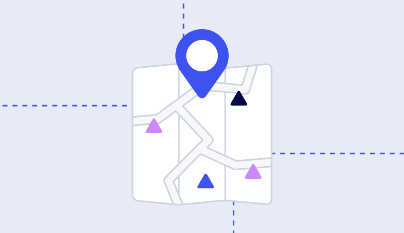 Illustration Of A Map With A Blue Location Pin, Three Colored Triangles, And Dashed Lines Indicating Coordinates.