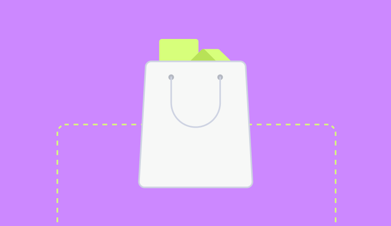 Illustration Of A White Shopping Bag With Green And Yellow Items Inside Against A Purple Background. The Bag Has Two White Handles.