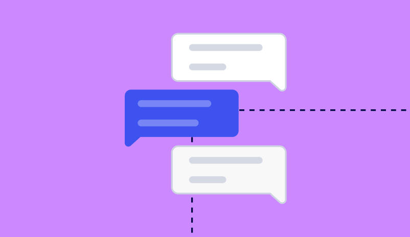 Three Speech Bubbles, One Blue And Two White, Appear On A Purple Background With Dashed Lines Connecting Them.