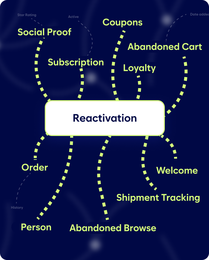 A Diagram With &Quot;Reactivation&Quot; At The Center, Branching Out To Terms Like &Quot;Subscription,&Quot; &Quot;Order,&Quot; &Quot;Loyalty,&Quot; &Quot;Shipment Tracking,&Quot; &Quot;Coupons,&Quot; &Quot;Abandoned Cart,&Quot; &Quot;Welcome,&Quot; &Quot;Abandoned Browse,&Quot; And &Quot;Social Proof.