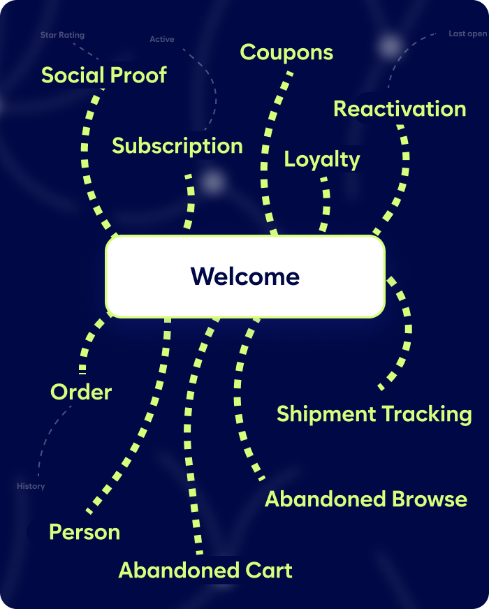 Flowchart Diagram Outlining Various Stages Including Welcome, Social Proof, Subscription, Order, Person, Abandoned Cart, Coupons, Reactivation, Loyalty, Shipment Tracking, And Abandoned Browse.