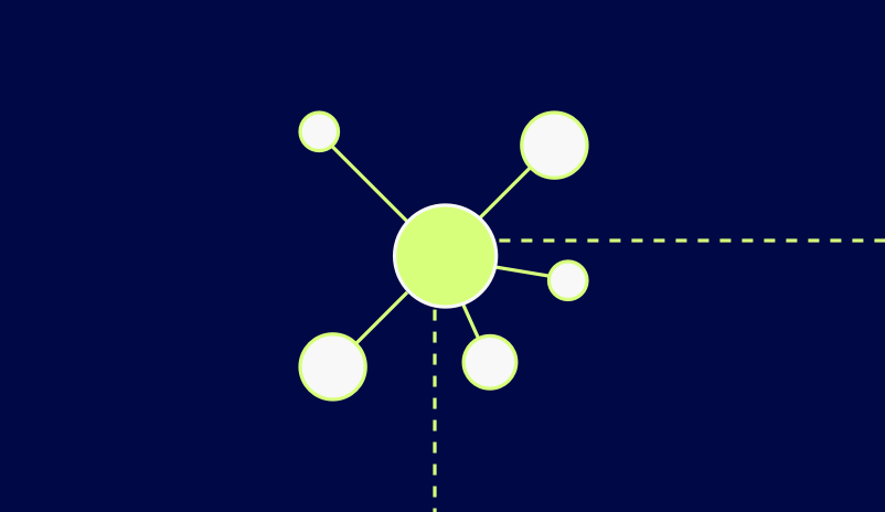 A Central Green Circle Connected To Smaller Circles By Solid And Dashed Lines, On A Dark Blue Background.