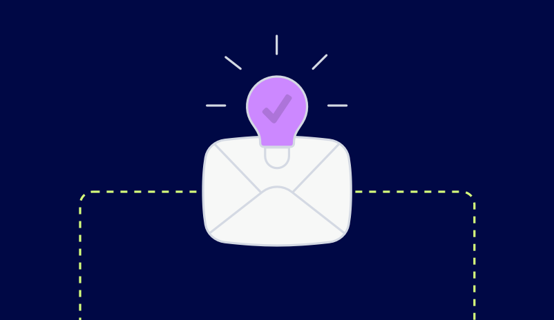 An Envelope With A Purple Light Bulb And Check Mark Floats Above It On A Dark Blue Background With Yellow Dashed Lines.