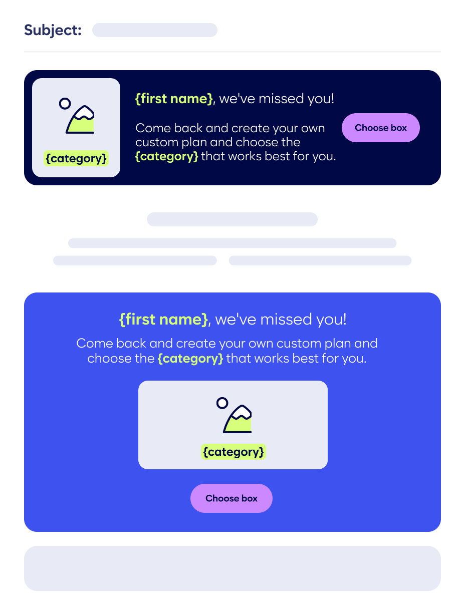 Email Template With A Subject Line Placeholder, A Personalized Greeting, And Call To Action Buttons For Choosing A Category And Creating A Custom Plan.