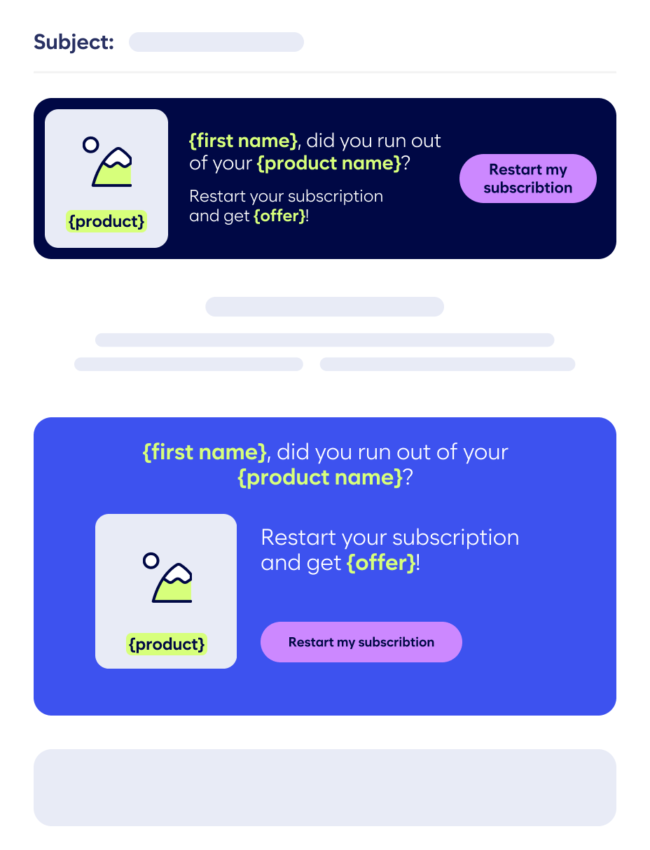 Email Template Promoting Subscription Renewal For A Product, With Placeholder Text For Recipient'S Name And Product Name. Features Bold Text And A &Quot;Restart My Subscription&Quot; Button In Pink.