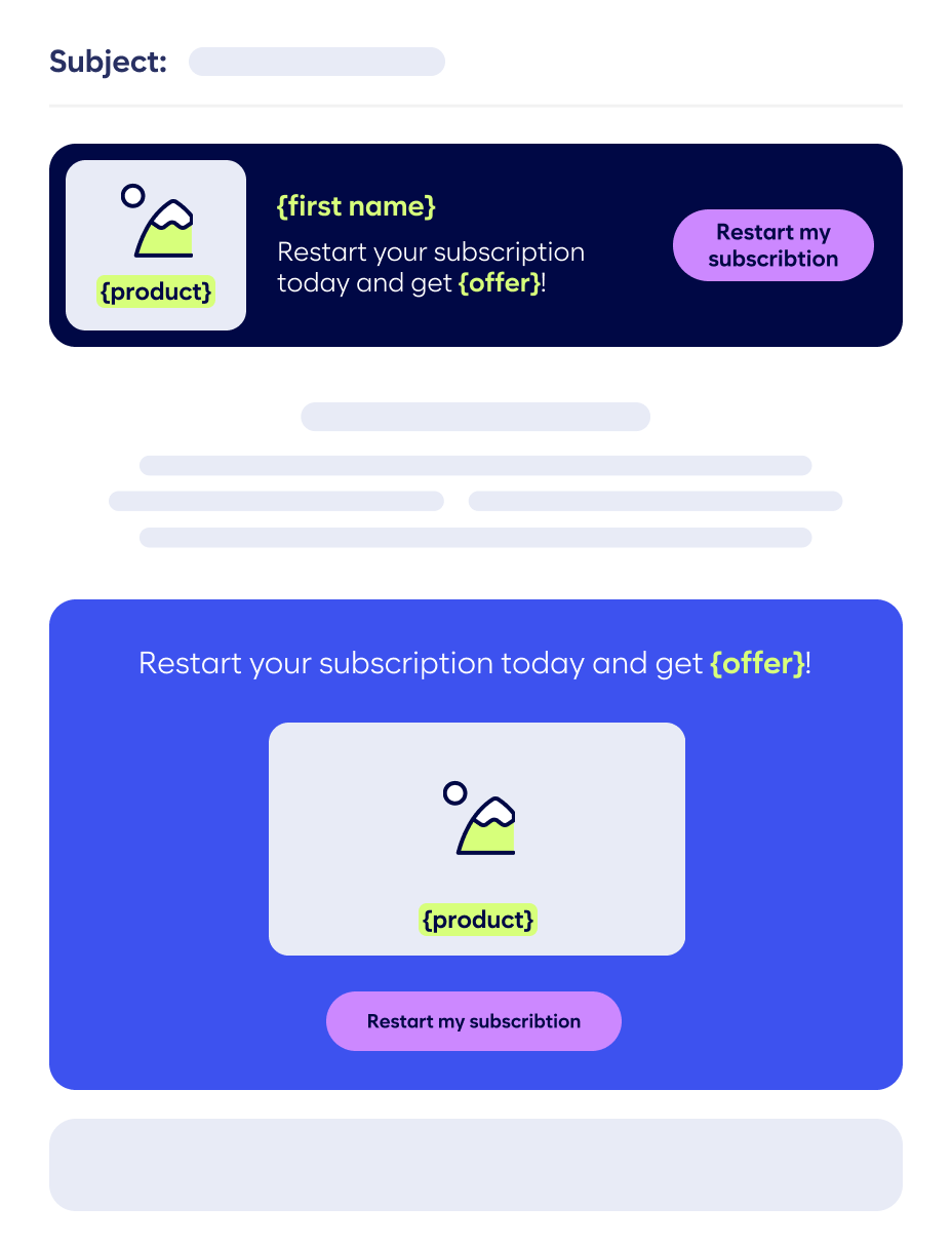 Email Layout With Placeholders For &Quot;First Name&Quot; And &Quot;Offer,&Quot; Urging Users To Restart Their Subscription. The Page Includes Buttons Labeled &Quot;Restart My Subscription&Quot; And Placeholders For Product Images.