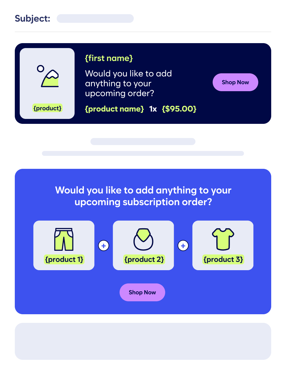 An Email Screen Offering An Option To Add Items To An Upcoming Order, Featuring An Image Of A Cartoon Shirt, Product Name, And A Box To Add Three Products With A &Quot;Shop Now&Quot; Button.