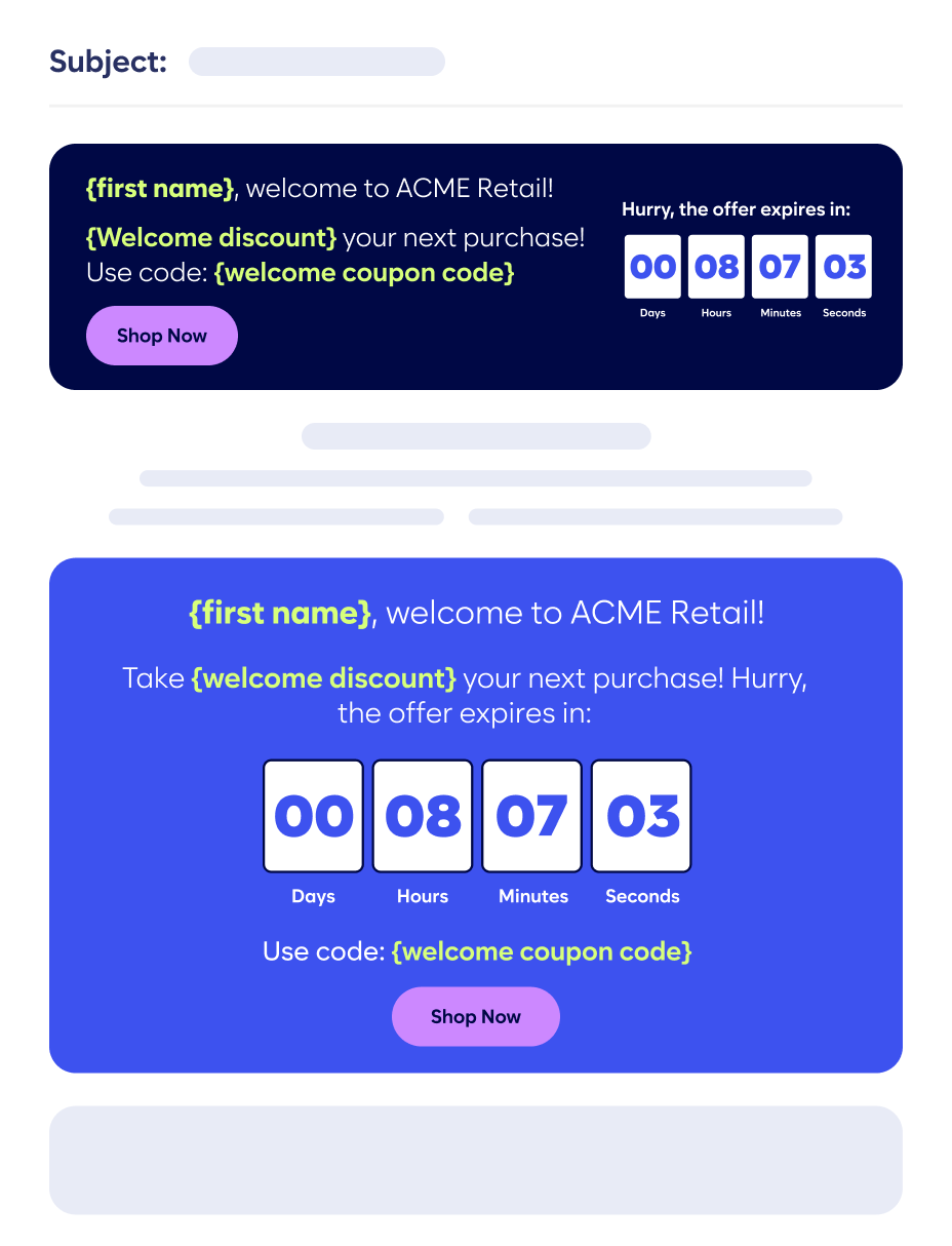 Email Template For Acme Retail Featuring A Personalized Welcome Message And A Countdown Timer For A Discount Offer. Includes A &Quot;Shop Now&Quot; Call-To-Action Button.