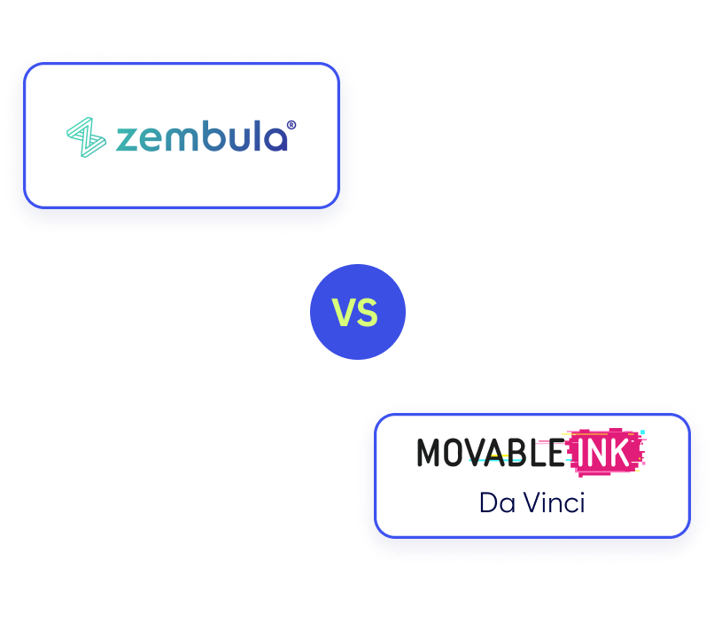 Zembula Logo On The Left, Movable Ink (Da Vinci) Logo On The Right, With &Quot;Vs&Quot; In The Center, All Placed On A Contrasting Diagonal Divide.