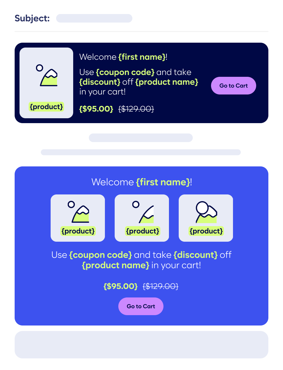 Two Promotional Email Designs Offering A Discounted Product. The First Design Features A Single Product With A &Quot;Go To Cart&Quot; Button. The Second Design Features Three Products With The Same Button.