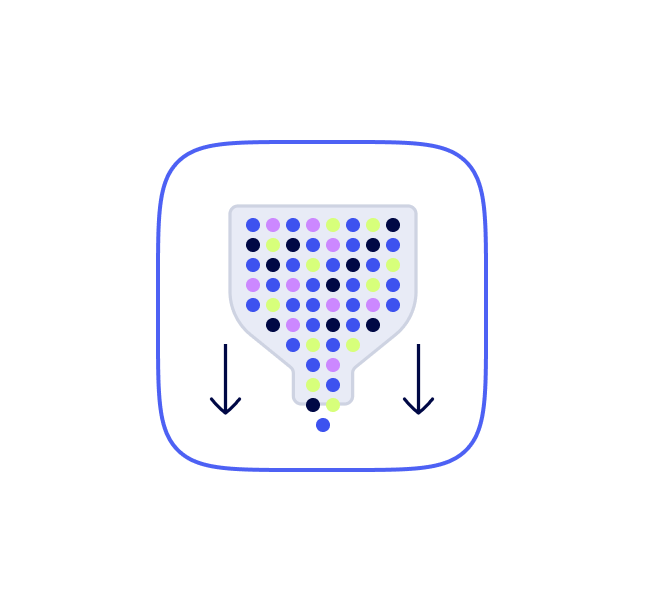 Illustration Of A Funnel With Colorful Dots Entering The Top And Fewer Dots Exiting From The Bottom, Symbolizing A Filtering Process. Two Downward Arrows Are Depicted On Either Side Of The Funnel.