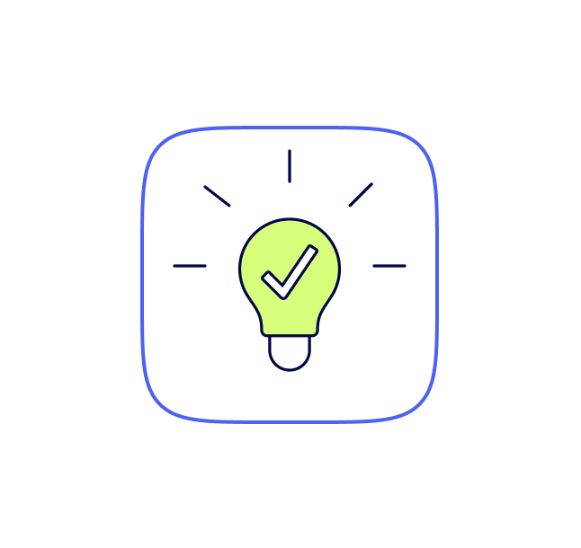 A Green Light Bulb Icon With A Checkmark Inside And Lines Indicating Brightness, Set Against A White Square With Rounded Corners And A Blue Outline.